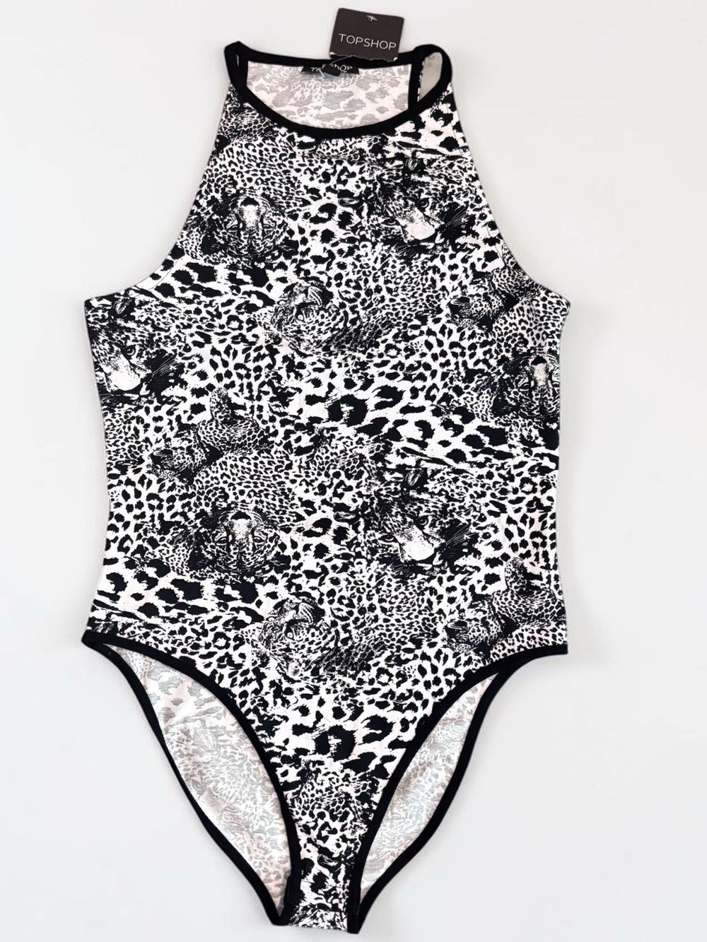 NWT Topshop Animal Print Bodysuit High Neck Sleeveless Black White Size 6